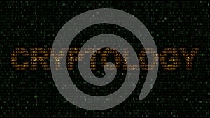 CRYPTOLOGY word made of hexadecimal symbols on computer screen. 3D rendering
