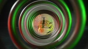 Cryptomarket in the long tunnel. Camera move forward to golden coin Litecoin. Tunnel in red and green light. Blockchain