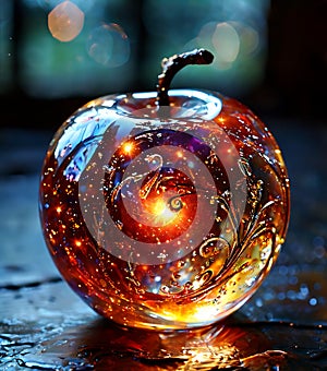 A crystal apple glowing with an inner light, illustration