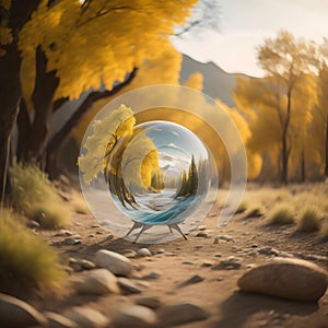 Crystal ball with autumnal landscape. Conceptual image. generative ai