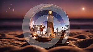 crystal ball on the beach highly intricately detailed photograph of The landmark Swakopmund lighthouse, in a snow globe