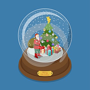 Crystal ball Christmas Santa gift snow fir tree vector isometric