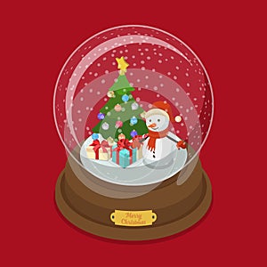 Crystal ball Christmas snow fir tree snowman vector isometric