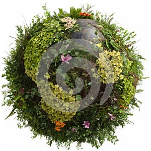 A crystal ball covered with flora and fauna in the shape of continents resembling planet Earth