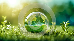 crystal ball depicting planet earth in green grass, concept of ecological sustainability and nature conservation