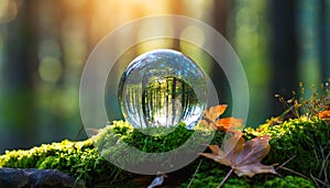 Crystal ball on green moss in forest. Glass sphere. Environment conservation. Happy Earth day