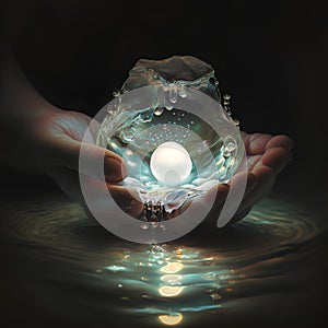 Crystal ball in the hands on a dark background. 3d rendering