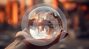 A crystal ball projecting future industrial scenarios, representing the anticipation and forecasting of emerging trends in the