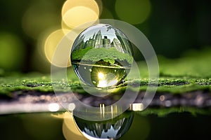 Crystal ball reflecting a cityscape on a mossy surface,. Generated AI