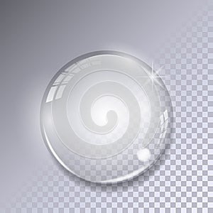 Crystal ball with reflections on transparent background. Realistic glass sphere.