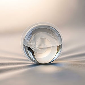 A crystal ball rests on a smooth surface, reflecting a window