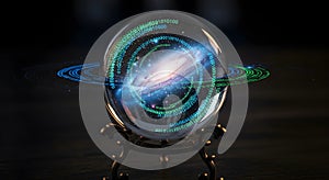 Crystal ball showing galaxy and binary code