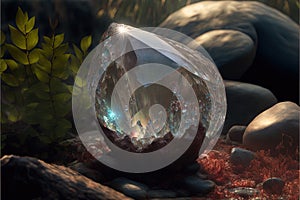 a crystal ball sitting on top of a rock next to a forest filled with trees and rocks and plants, with a blue light shining through