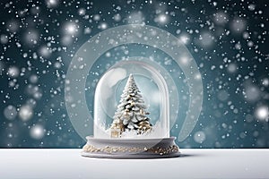 Crystal ball, snow globe with snowy Christmas tree and falling snow. Generative AI