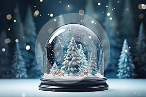 Crystal ball, snow globe with snowy Christmas tree and falling snow. Generative AI