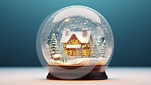 Crystal ball, snowball with snowy Christmas tree and house inside.