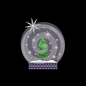 Crystal ball, snowball with snowy Christmas tree, spruce inside, falling snow,holiday decoration, vector illustration