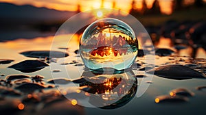 Crystal ball on sunset riverbed landscape
