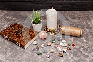 Crystal ball surrounded by healing crystals. Semi precious stones.