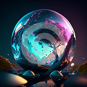 Crystal ball with tree inside. 3D illustration. 3D CG. High resolution. generative AI