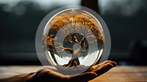 Crystal ball with tree inside. Bonsai concept