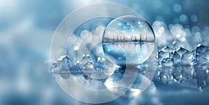 Winter Christmas background with crystal ball, reflections and dreamy effect photo