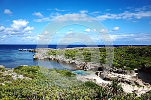 Crystal Blue Sea with coastal terrain at Hakuchozaki Nishikaigan Park, Miyakojima, Okinawa, Japan