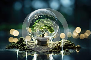 Crystal bulb on green moss in the forest with green tree inside, blur background. Save the environment. Earth Day