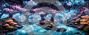 Crystal Cave filled with shimmering crystal formations, glowing mushrooms, and irides. Generative AI