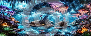 Crystal Cave filled with shimmering crystal formations, glowing mushrooms, and irides. Generative AI