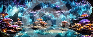 Crystal Cave filled with shimmering crystal formations, glowing mushrooms, and irides. Generative AI