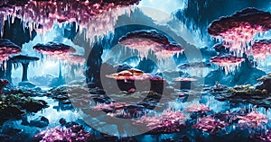 Crystal Cave filled with shimmering crystal formations, glowing mushrooms, and irides. Generative AI
