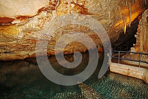 The crystal caves of Bermuda. Incredible formations of white stalactites covered with crystallized soda straws.