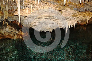 The crystal caves of Bermuda. Incredible formations of white stalactites covered with crystallized soda straws.