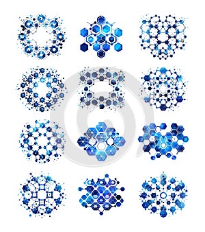 Crystal cell gradient vector set. Hexagonal chemical compound microscopic material structure molecule colored icons