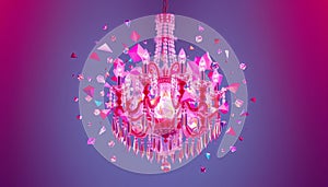 Crystal chandelier exploding into abstract polygon shapes, modern 3D render, vibrant gradient colors, conceptual design