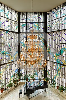Crystal chandelier and leaded pane