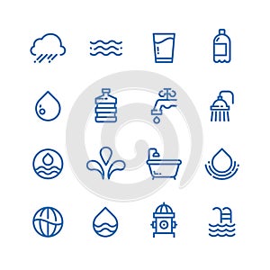 Crystal clean water drops, fresh drinks and hygiene line vector icons