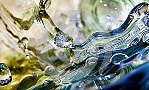 Crystal clear beauty: close-up of sparkling water bubbles and ice cubes backlit in different colors