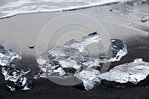 Crystal Clear and Blue Ice Floes on a Black Sand Beach on the Iceland Coast