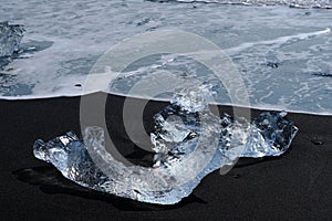 Crystal Clear and Blue Ice Floes on a Black Sand Beach on the Iceland Coast