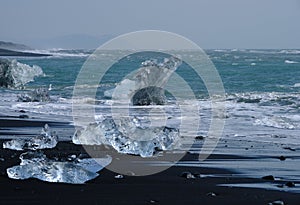 Crystal Clear and Blue Ice Floes on a Black Sand Beach on the Iceland Coast