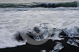 Crystal Clear and Blue Ice Floes on a Black Sand Beach on the Iceland Coast