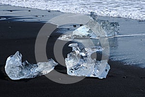 Crystal Clear and Blue Ice Floes on a Black Sand Beach on the Iceland Coast