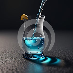 Crystal clear blue water being poured into a glass