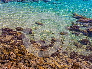 Crystal clear blue water - caustics effect - rocky shore