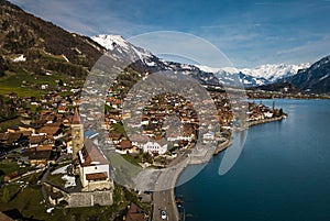 The crystal clear blue water of Lake Brienz in the Swiss Alps