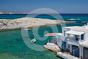 Crystal clear blue water at Mitakas village beach, Milos island, Greece.