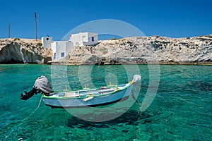 Crystal clear blue water at Mitakas village beach, Milos island, Greece.