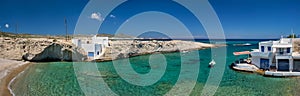 Crystal clear blue water at Mitakas village beach, Milos island, Greece.